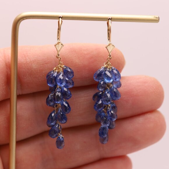 Blue Grape Vine Dangle Earrings 14K Gold Brilliant Kyanite Blue Gemstone - Picture 2 of 7